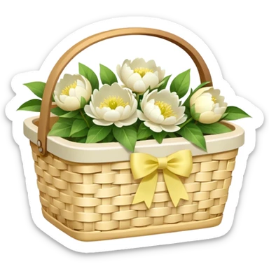 White Picnic basket with pastel yellow bow and white peonies inside sticker