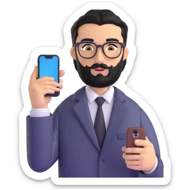 polished standing pose of professional man with medium black beard, black hair styled and combed to one side, connected unibrow, olive tan skin, brown eyes, glasses, prominent nose, dressed in formal black jacket, prominently displaying mobile phone in hand sticker