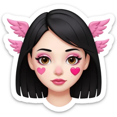 “Emoji girl, pastel pink streaks in black hair hair, bold winged eyeliner, heavy blush on cheeks and nose bridge, under-eye hearts, glossy pink lips, playful smirk.” sticker