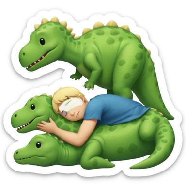 Blond boy sleeping with green pillow with dinosaur sticker