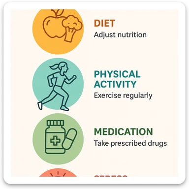 vertical infographic: steps to achieve hormonal balance in PCOS (diet, physical activity, medication, stress management), coordinated icons and colors, modern style, light background sticker