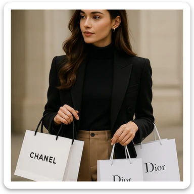 A classy girl carrying Chanel and Dior shopping bags, wearing trendy clothes, sophisticated and graceful. sticker