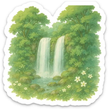 double waterfall in forest, some white flowers, natural colors, soft, fairy-like atmosphere, no background, square size sticker