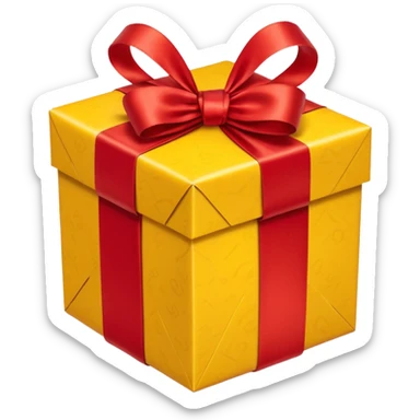 box with yellow wrapping paper and a length of red ribbon surrounding it sticker