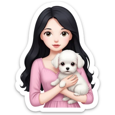 beautiful girl with long black hair wearing pink dress holding a white Maltese puppy sticker