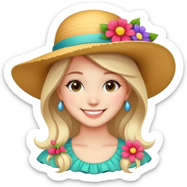 girl with a fancy wide-brimmed hat with flowers, happy face sticker