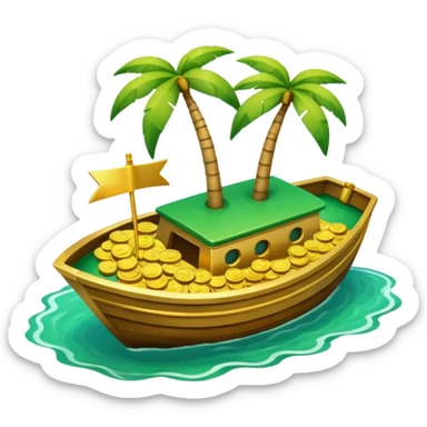emoji of gold coins on the boat in the sea and an island on the background sticker