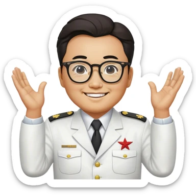 Emoji of l kim il sung wearing his white uniform with his hands behind his back smiling as he looks at you through his big glasses sticker