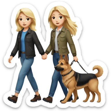 A blonde girl with long hair walking a German Shepherd sticker