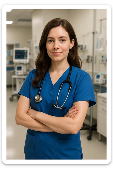 Rebecca as a female doctor, with brown hair, wearing scrubs and a stethoscope, hospital environment sticker