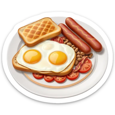 full English breakfast with eggs, bacon, sausage, beans, toast, and tomato on a white plate sticker
