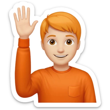 say hi with arm and hand. clothes with orange sticker