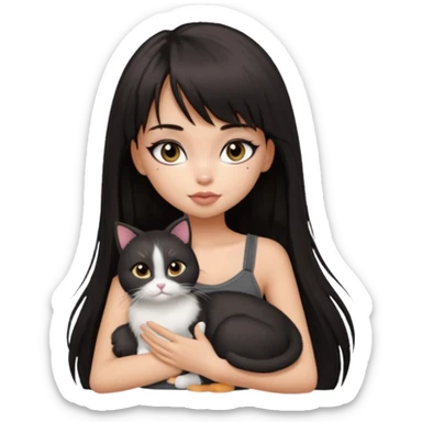 generate a pretty bratz girl in black cami top, dark brown straight long hair with bangs, eyeliner on, cuddling a cat sticker