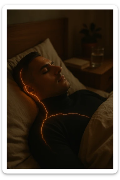 A cinematic close-up of a man in his early 30s sleeping peacefully on his back in a softly lit bedroom. His breathing is calm, chest rising slowly. The sheets are slightly crumpled, natural linen textures in warm beige tones. His face is relaxed, with faint light illuminating the side of his cheek and temple from a nearby window. Around his body, faint glowing lines follow the spine and head, symbolizing deep nervous system recovery and hormonal balance. On the nightstand: a glass of water, a book, and no electronics. The room is quiet and grounded, with natural elements like a small plant and a wooden headboard. Shot in 35mm cinematic style, with warm ambient tones, shallow depth of field, and a peaceful, healing atmosphere sticker