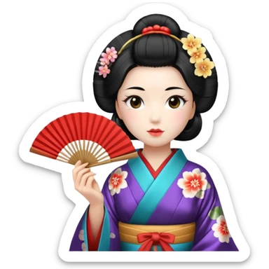 a traditional geisha japanese woman wearing a kinono holding a folding fan elegantly sticker