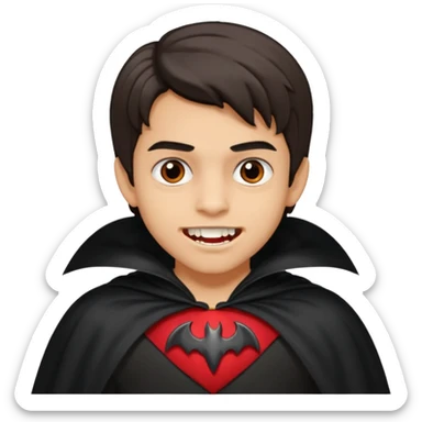 hispanic boy, medium length hair, vampire teeth sticker