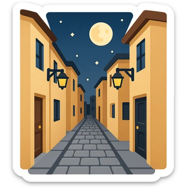 Create a narrow alleyway scene with simple building designs at nighttime in emoji style. Remove any frame or border shape so only the alleyway and buildings remain. The style should reflect the emoji look but use the general editor as emoji style does not support editing directly. sticker
