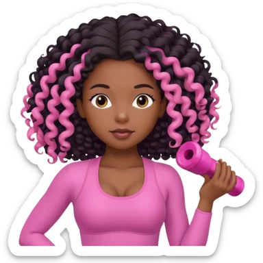 black birthday girl long hair, blow out curls, pink pilates outfit sticker