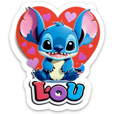 The character stitch with kittens all around him and hearts with the text that reads. I love you. sticker