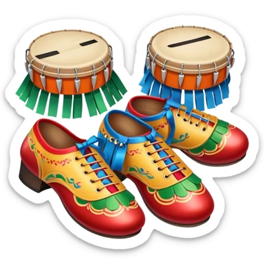 Icon for Folk Dance: close-up traditional dance shoes, colorful folk costumes, and a dance circle with ribbons and musical instruments like a tambourine or accordion. The icon should represent the vibrant and cultural aspects of folk dancing. Transparent background. sticker