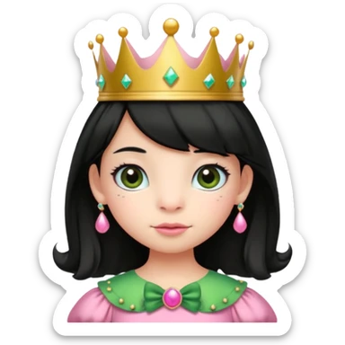 frog with black hair and short bangs with a crown pink bow and pink princess dress sticker