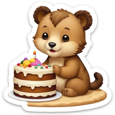 A cub eating cake by a seaside sticker