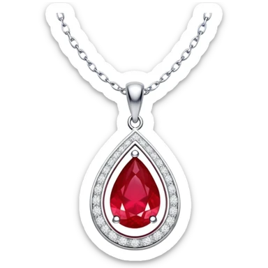 teardrop ruby pendant with silver chain and white stones, glowing with passion and renewal sticker