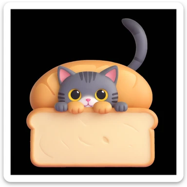 a cute cat peeking through a piece of bread, cartoon style sticker