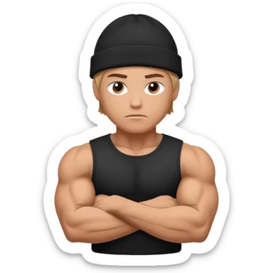 Muscular hero in black beanie, serious expression, folded arms.



































 sticker