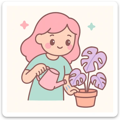 woman watering her monstera plant sticker