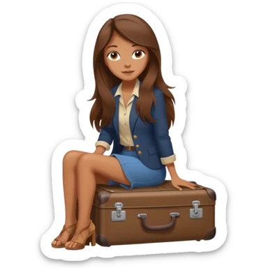 The sticker is a realistic beautiful woman with long brown hair, sitting on a suitcase, a cartoon-style vector illustration created using Procreate --chaos 25 sticker