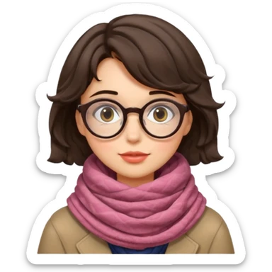 A shy brunette hair wavy short hair woman with big round glasses and thick scarf, blushing from the cold. sticker