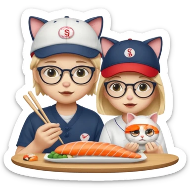 cute girl cat wearing glasses and a cute boy cat wearing a baseball cap eating sushi together sticker