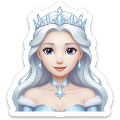 Cinematic Radiant Snow Queen Portrait Emoji, rendered in a realistic, vector style with clean proportions. Show Elsa with a gentle, confident smile, icy pale skin, and luxuriously styled platinum hair, her expression calm and regal. The image glows with a soft, enchanting icy luminescence, high shine, and is accented by a soft glowing outline that enhances her ethereal beauty. sticker