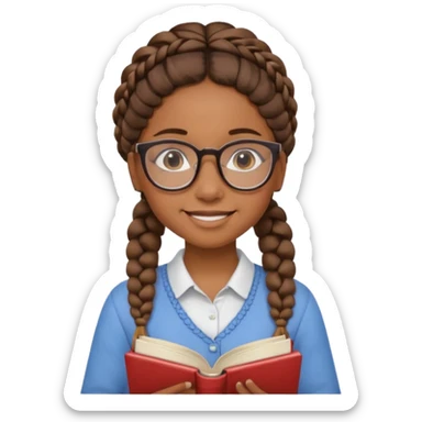 A student, girl, brown skin, braid hair, wearing glasses, hold book in front of their chest sticker