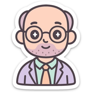 profesor con cabello muy corto, con entradas, barba muy fina y gafas, piel rosada, fondo claro sticker