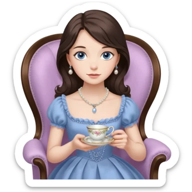 Hyper-realistic Blue-eyed brunette, wearing a Victorian style dress. She has a simple pearl necklace. Her dress is the palest lilac.  She is sitting gracefully in a chair, holding a teacup and saucer sticker