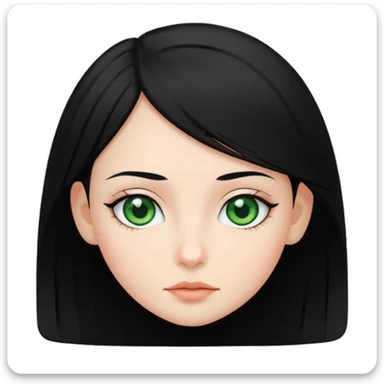 girl with black hair and green eyes, iOS app icon style, flat design, simple features, white background sticker