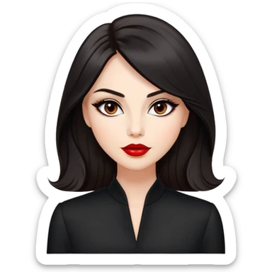 Respected actress with fair glowing skin, voluminous dark straight hair with slight waves at ends, almond eyes with refined eyeliner, defined features, red lips, black elegant outfit, poised professional expression sticker