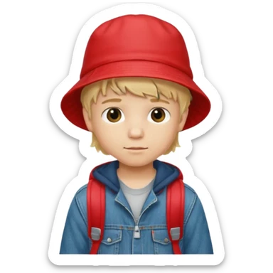 A little boy student, blonde hair, with red bucket hat, jean jacket, backpack sticker