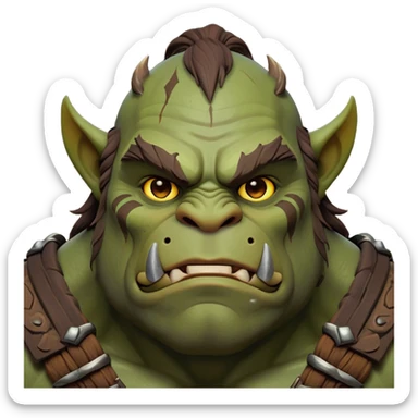 Cinematic Noble Ogre Portrait Emoji, Majestic and imposing, with a rugged, muscular form in deep earthy greens and browns, adorned with battle scars and subtle tribal markings, exuding calm, noble strength and unexpected wisdom, simplified yet strikingly detailed, glowing with a shadowy outline that captures the essence of a gentle giant with fierce heart! sticker