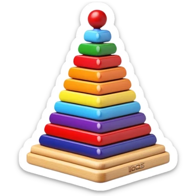 Children's stacking pyramid toy with rings in rainbow order: red, orange, yellow, green, light blue, dark blue, and purple rings sticker