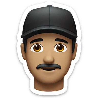 White guy with medium length straight black hair and a baseball hat. Brown eyes and a classic mustache and NO beard. Black hair sticker