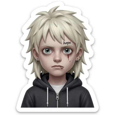 Create for me a boy wearing a zip-up hoodie showing his shirt underneath, with long, spiky platinum blonde hair, piercings in one ear and one nose, and the word "hope" tattooed on his eyebrow; he's a zombie. sticker