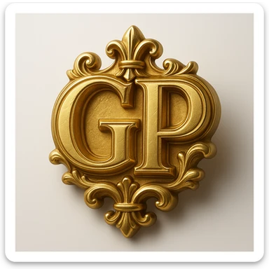 gold emblem with the text GP, classic and regal, in gold objects style sticker