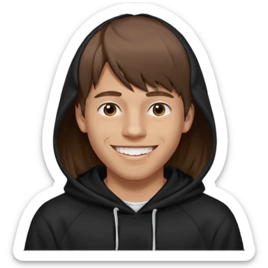 20 yr old man, brown hair, straight, big smile, white teeth, tanned skin, bangs, black hooded sweatshirt, long hair in back, center-parted bangs sticker