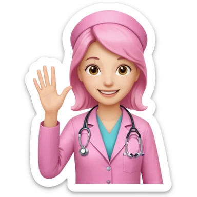 female doctor in pink attire with stethoscope waving, realistic sticker