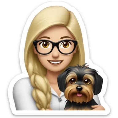 Beautiful blonde haired woman with ble eyes and black glasses wearing a red santa hat holding Yorkshire terrier sticker