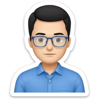 portrait of US man, wearing a blue shirt, square glasses, black hair sticker