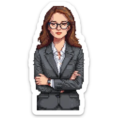 pixel art illustration of a businesswoman from the waist up, wearing a suit and glasses, hand under chin, gazing to the side with thoughtful expression, luxury watch subtly shown on wrist, curious and contemplative mood, clean background sticker